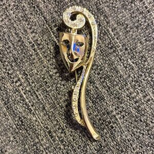 Theater Comedy & Tragedy Mask Goldtone Brooch With Rhinestone Accents